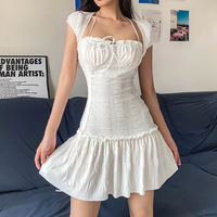 Women's Summer Low Cut Square Neck Tie Dress French Style Pleated Short Sleeve Sexy Hanging Neck Design