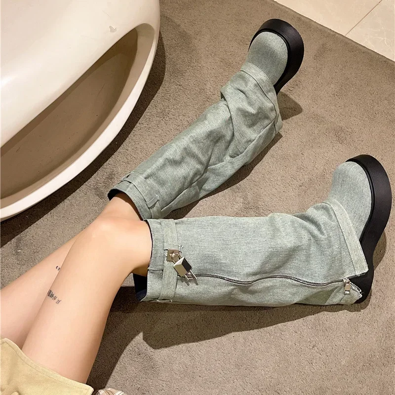 Women Pleated Chunky Platform Knee High Denim Boots Women Thick Bottom Wedge Western Boots Side Zipper Cowgirl Botas 2024