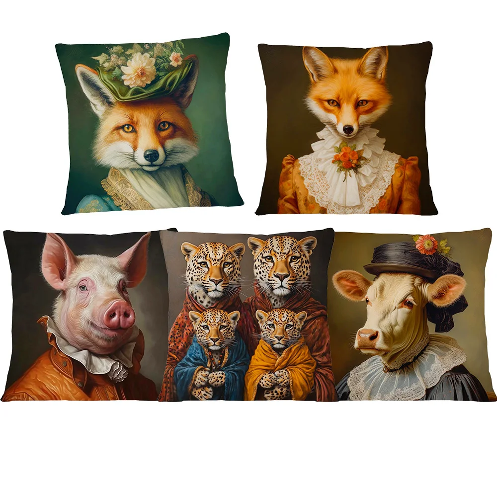 Animals Head Human Body Poster Cushion Cover Fox Cow Elephant Hippo Pig Leopard Duck Art Pillow Case