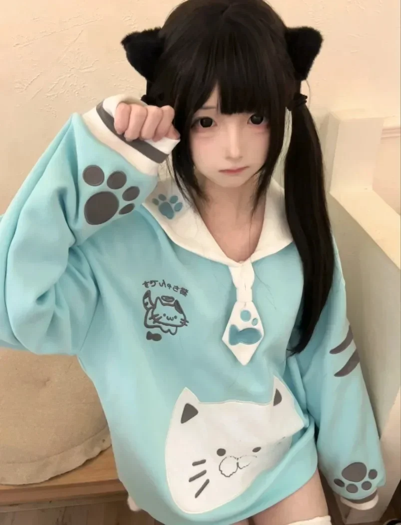 

New Girls Kawaii Sailor Collar Cat Ear Embroidered Tie Cat Long Sleeve Cartoon Sweatshirt Autumn Mint Pullover Hoodie Tops