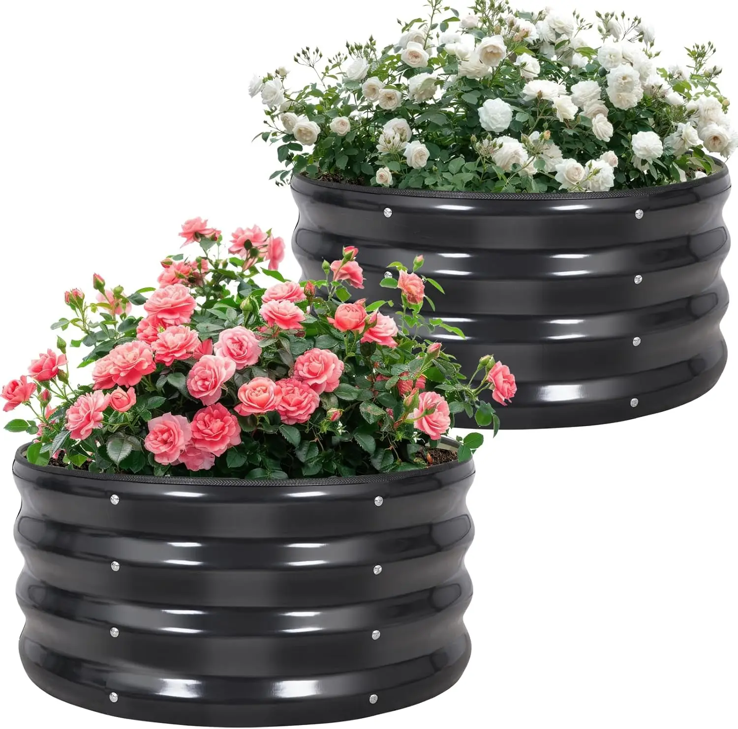 

Galvanized Raised Garden Bed- 2Pcs Metal Planter Boxes Outdoor | 12" Tall 24" Round Steel Raised Bed Kit & Fire Pit Ring for Gar