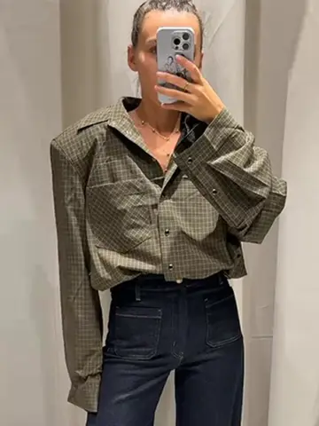 Camicette scozzesi vintage da donna Spalline monopetto Colletto rovesciato Camicia a maniche lunghe Camicie autunnali da donna da ufficio all-match