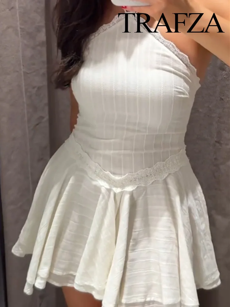 

TRAFZA Woman Fashion Holiday Party Hanging Neck Collar Zipper Short Dress Women Summer Backless Laminated Design Mini Dresses