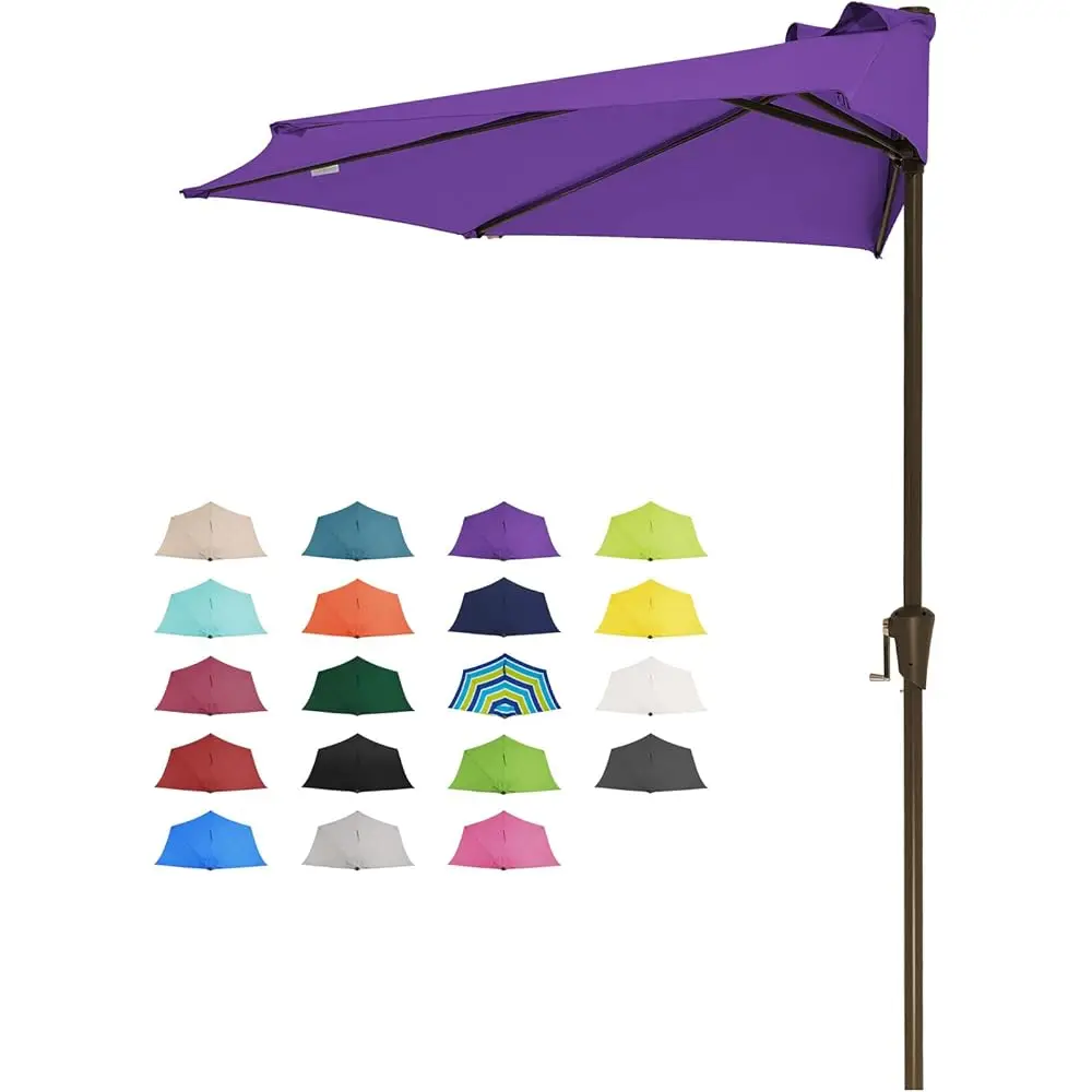 

9Ft Half Umbrella Outdoor Patio Umbrella Market Umbrella With Crank, 1/2 Round Wall Umbrella 5 Sturdy Ribs Uv Protection For