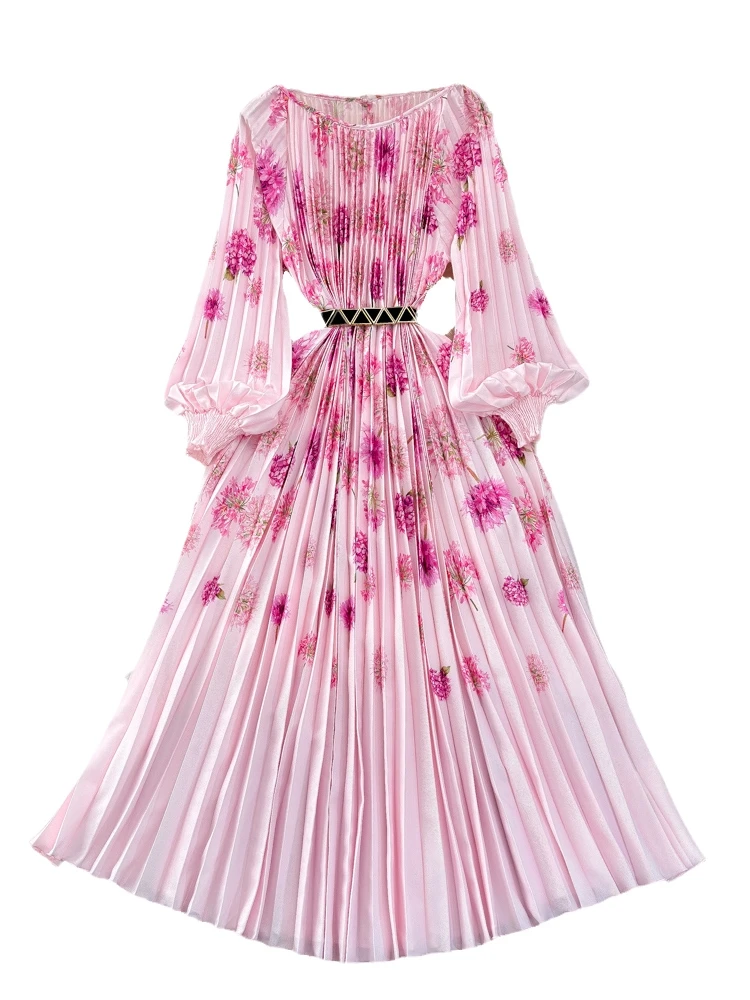 Minceur a-ligne lanterne Sve rond Ne robe jupe longue taille pliée conception imprimé fleuri femmes automne Dr Faionable