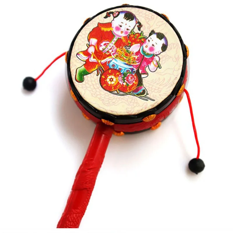 1PC Classic Toys Red Black Plastic Chinese Traditional Rattle Drum Spin Toy for Kids Baby Interesting Toy Gift