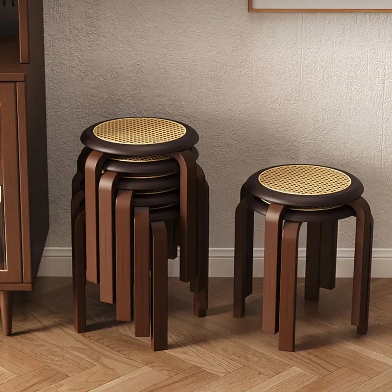 New Chinese Style Solid Wood Rattan Stool Round Dining Chair Household Stackable Bench for Restaurant Waiting Area Spare