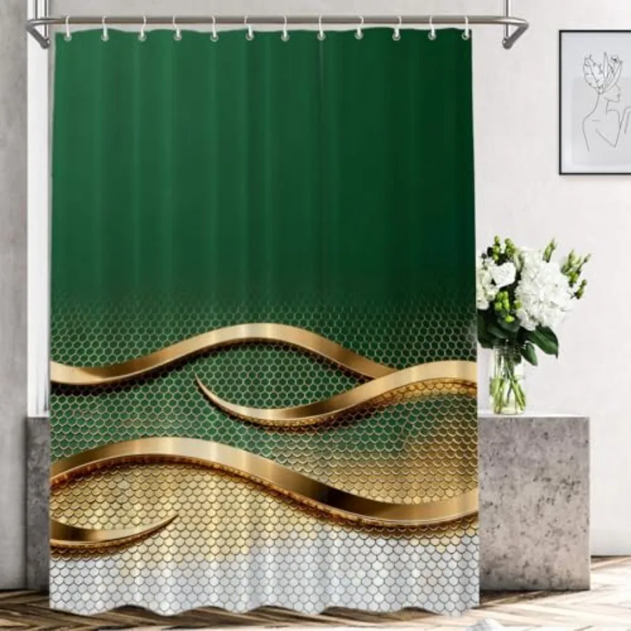 

Gold Waves Decorative Shower Curtain Emerald Green Design Bathroom Décor Polyester Fiber Waterproof with Plastic Rings for Show