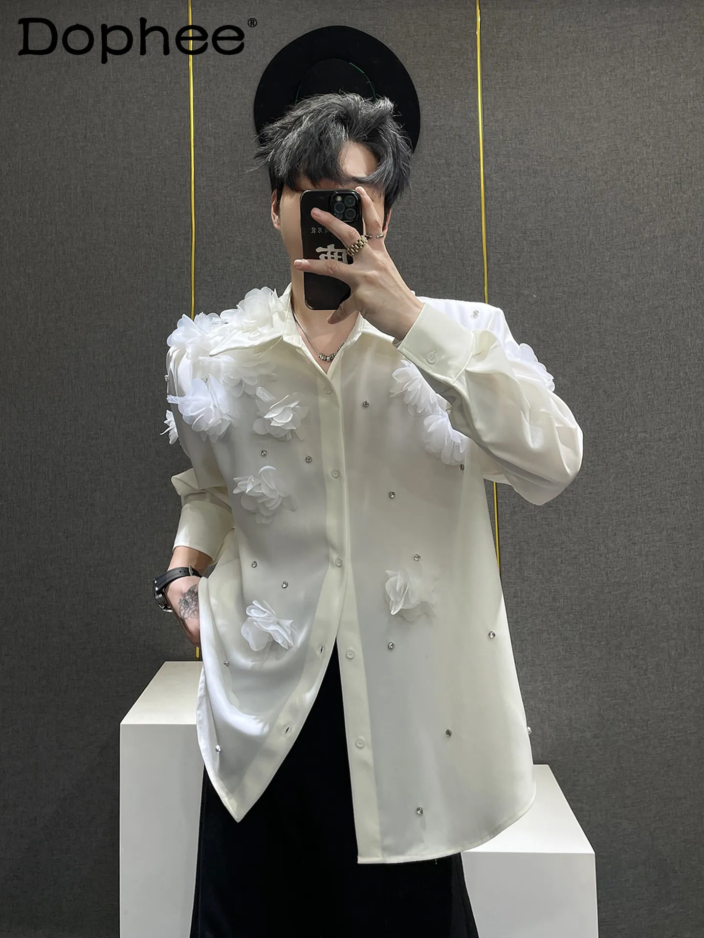 

Korean Style Design Sense Three-Dimensional Flower White Men's Shirt High-End Handsome Loose Casual Long Sleeve Shirt Trendy