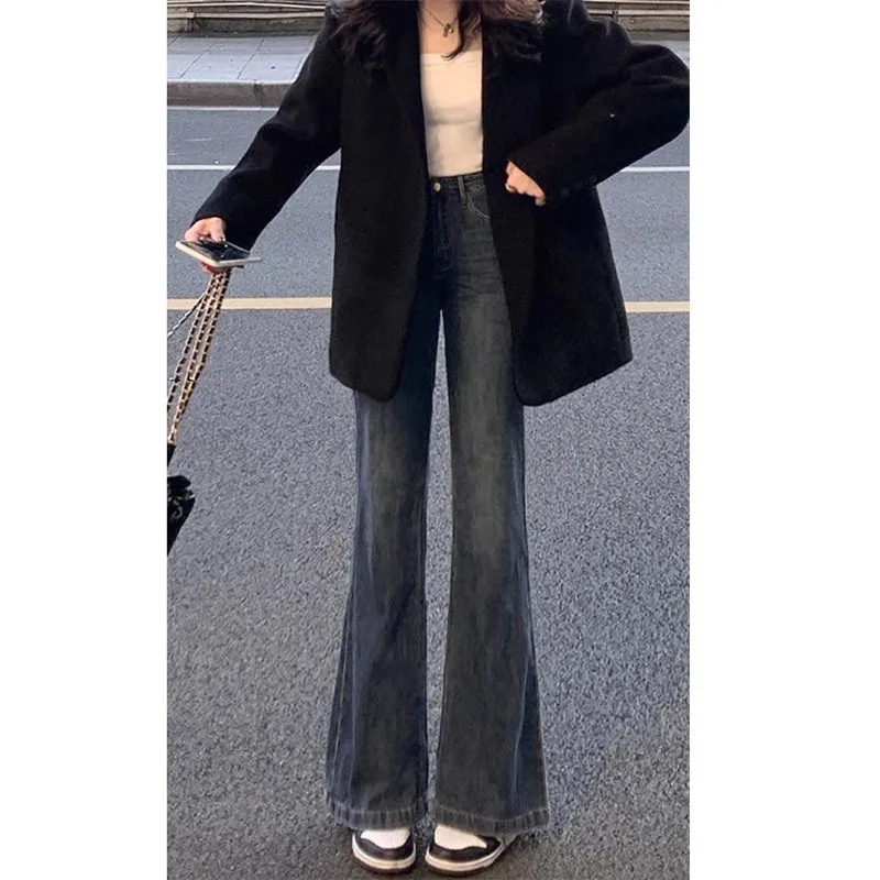 

Женские джинсы с микроподтяжками, весна-осень 2024, новые прямые широкие брюки с высокой талией, тонкие расклешенные брюки, лето