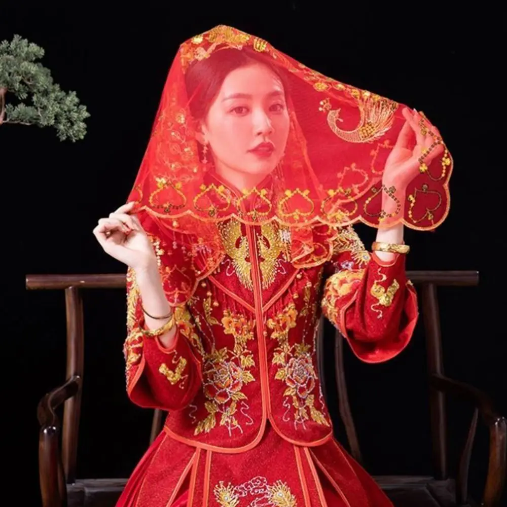 Wedding Accessories Embroidered Phoenix Tassel Scarf Red Veil Bridal Headwear Bride Veil Chinese Wedding Headwear Lace Veils