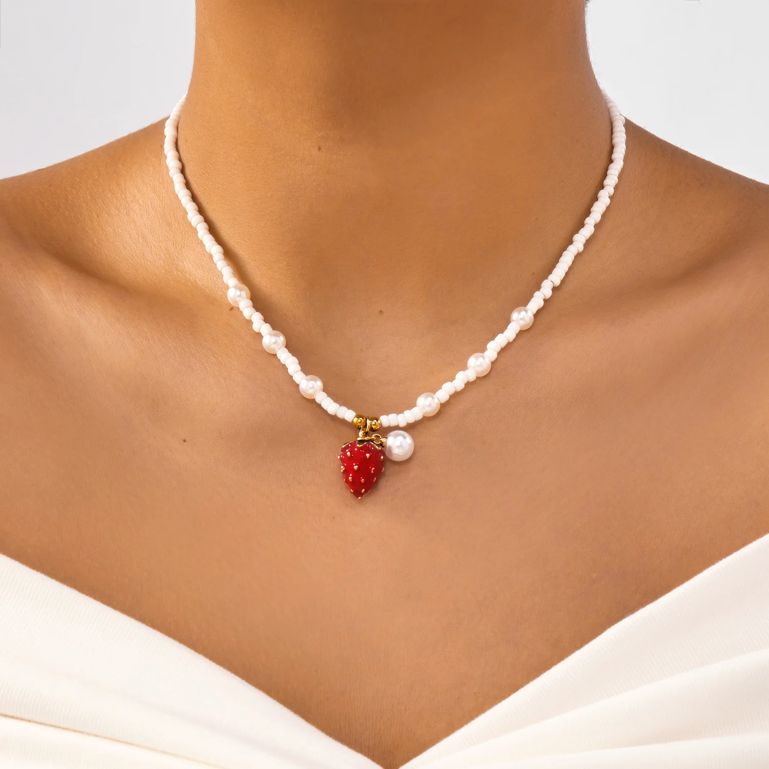 Romantic Red Cherry Heart Charm Necklace for Women Gold Color Sweet Strawberry Fruit Chunky Chain Choker Party Vacation Jewelry view 6