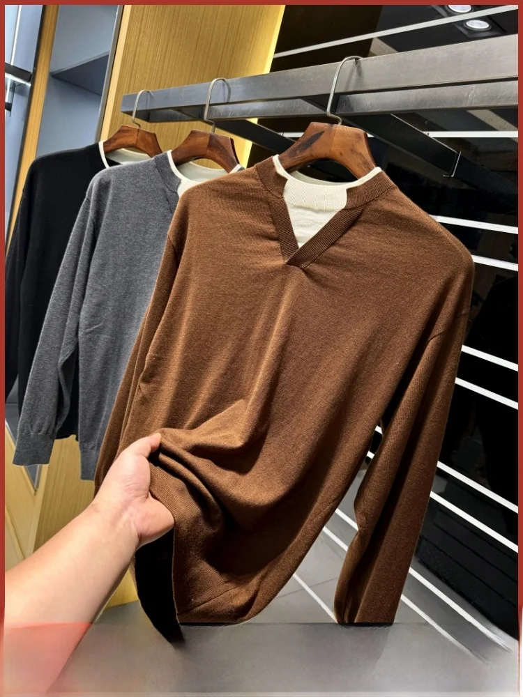   Suéter de punto informal para hombre, conjunto de ocio de rayón y lana de acetato falso de dos piezas, combina con todo, otoño e invierno, calidez en V