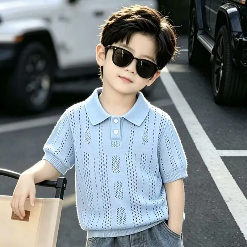 Boys' Blue Hollow Knitted Short Sleeve T-shirt Summer New Style Children's Stylish Top