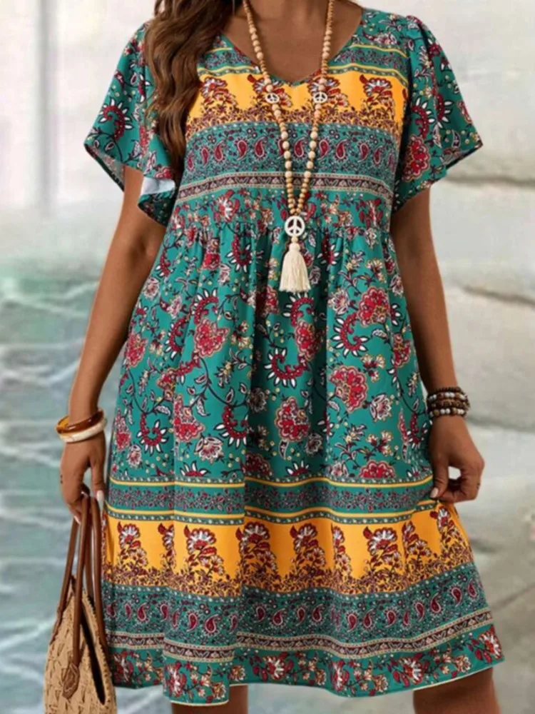 CPSYMYM New Boho Fashion Print Loose Dress Female Casual V Neck Short Sleeve Dresses For Women  Summer Beach Holiday Vintage Dre