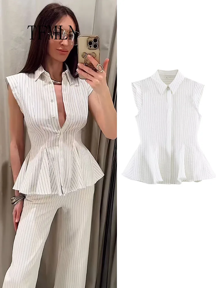 

Fashion Striped Blouse Top For Women Summer Summer OL Lapel Sleeveless Single Breasted Shirt Summer Unique Elegant Causal Shirt