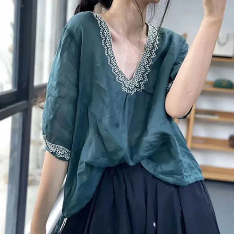

Women's V Neck Lace Trim Half Sleeve Linen Blouse Casual Loose Fit Solid Color Top