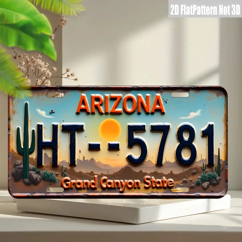 Letrero Metálico Retro Plano 2D con Diseño de Matrícula de Arizona, Decoración de Pared con Cactus y Paisaje Desértico, Ideal para Hogar, Bar, Garaje
