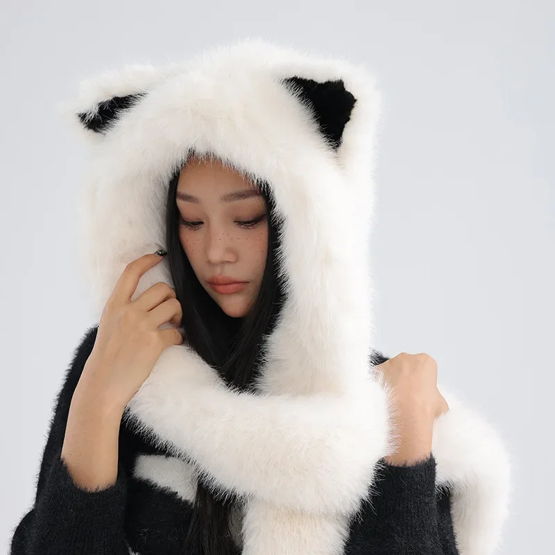 Women Winter Faux Fox Fur Scarf Fur Wrap Girls Outdoor Earflap Cap Neckerchief Fluffy Warm Beanie Hat Bomber Hats Snow Ski Cap