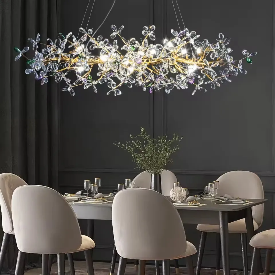 Color Crystal Flowers Chandelier Gold Long Round Hanging Light Luxury Villa Living Dining Room Lamp