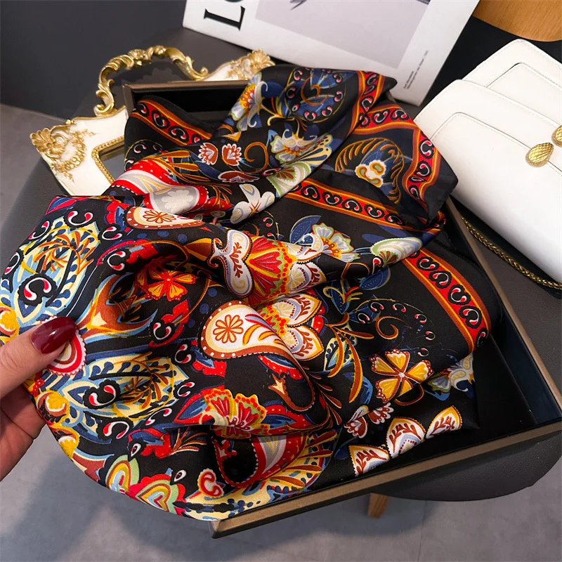 Paisley Print New Fashion Luxury Brand Silk Square Scarf Women Satin Shawls Neckerchief Casual Scarves Bandana Hair Hjiab