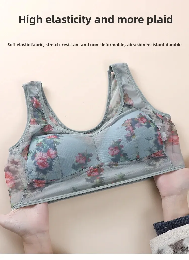 Sujetador de talla grande con copas fijas, inalámbrico, transpirable, fino, estilo chaleco de una pieza para personas de mediana edad y mayores.