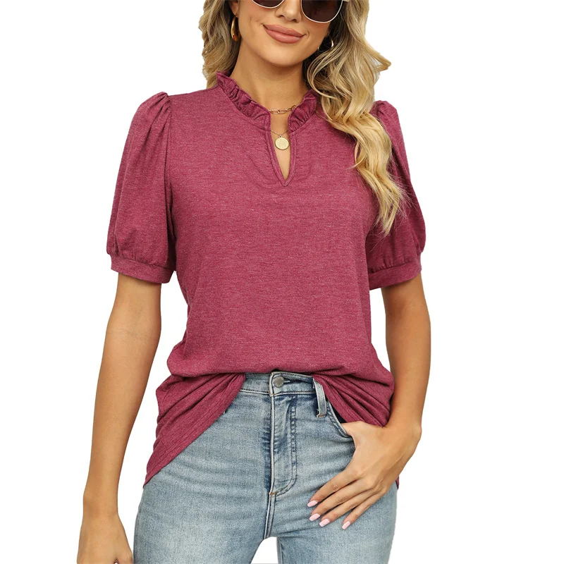 

Elegant Pleated Splicing Short Sleeve T-Shirt Women Summer Solid Color Daily Casual Commuter V Neck Tees Female Urban Loose Tops