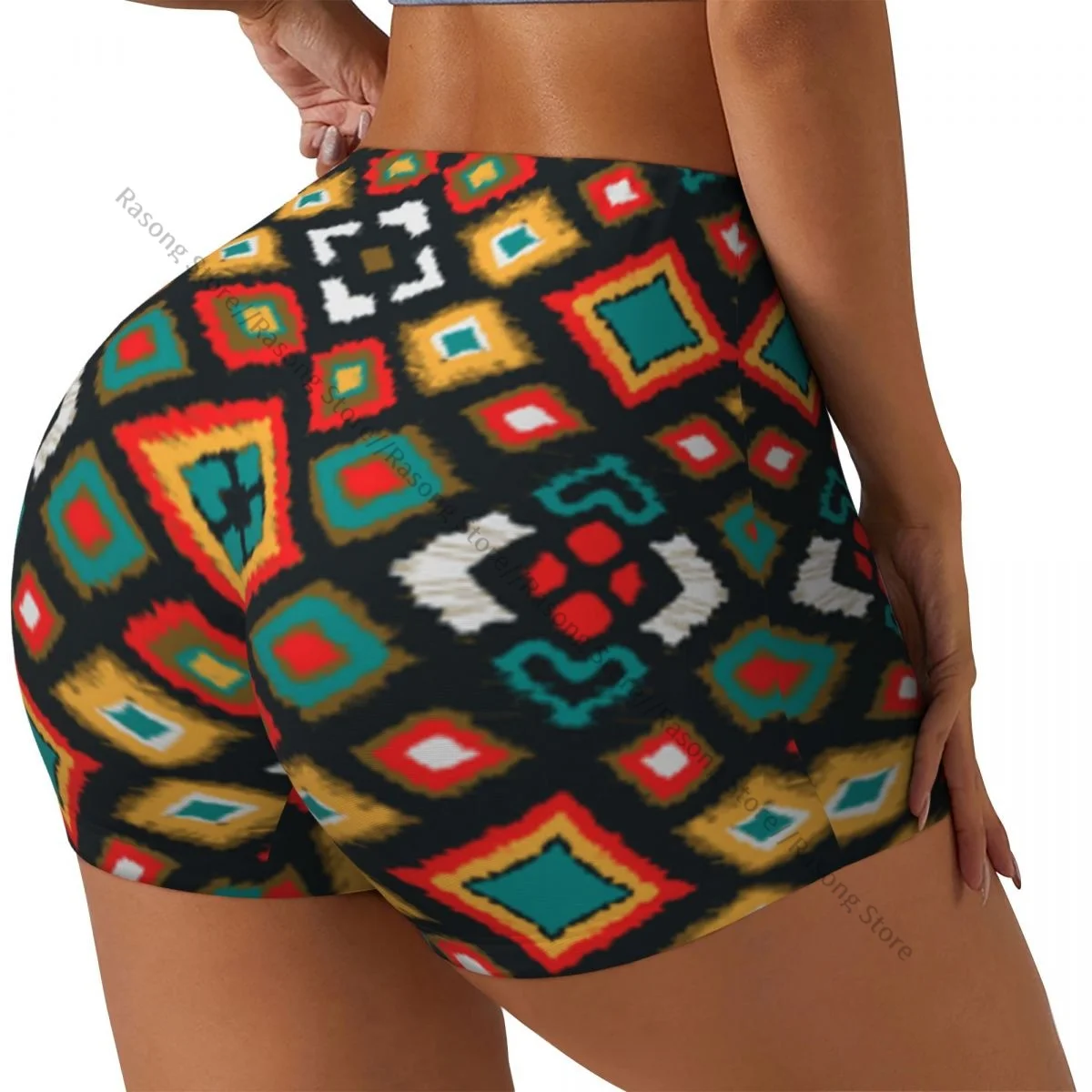 

Короткие эластичные шорты для бега с эффектом пуш-ап, геометрические фольклорные бриллианты, этнические шорты для бега, спортивные шорты, женская одежда, тренажерный зал