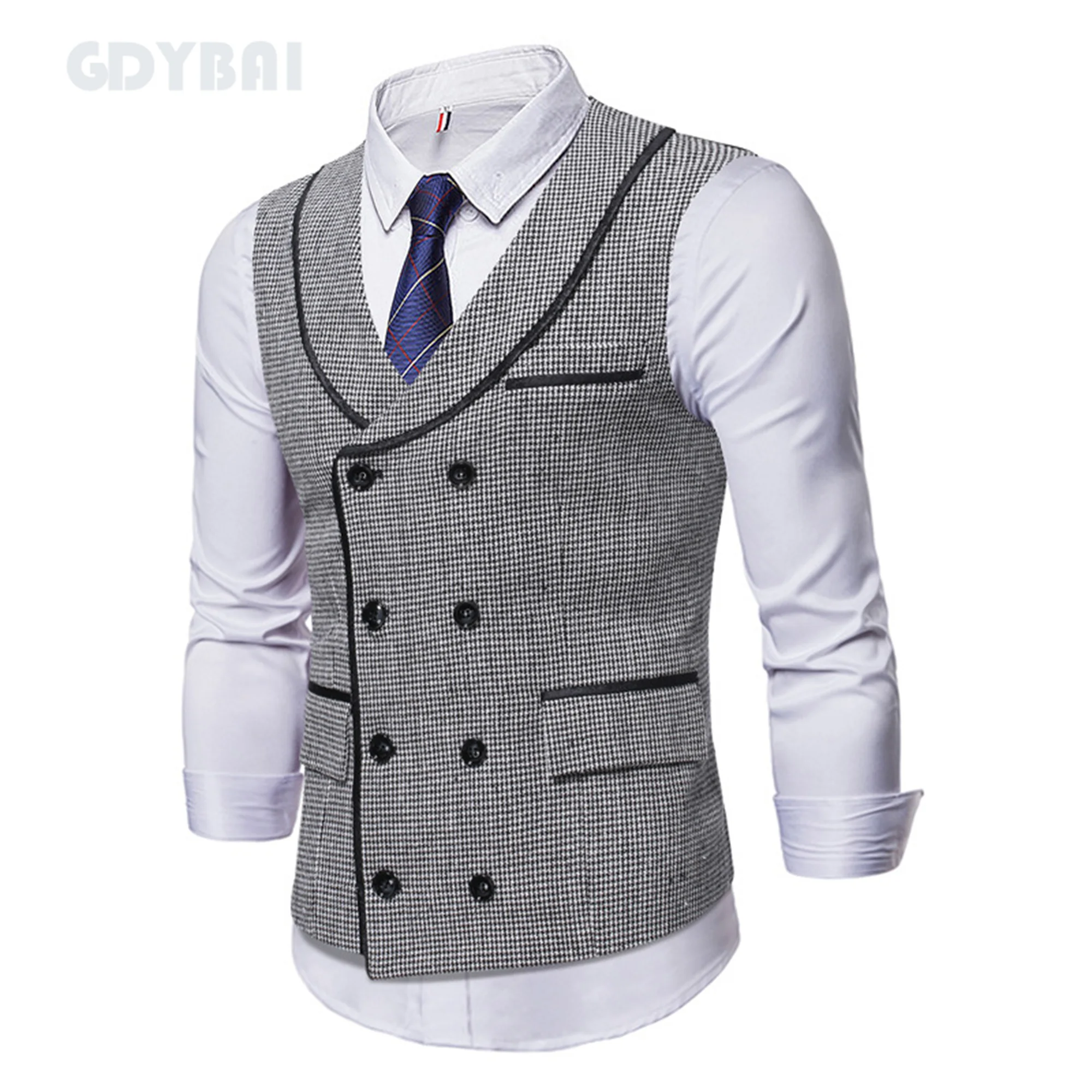 Men Suit Vest Fashion Plaid Print Business Jacket Fashion Casual Classic Men Self-cultivation Double-Breasted