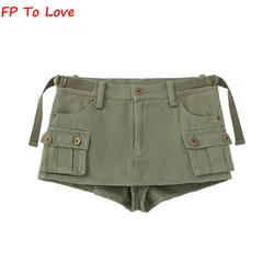 Shorts de bolso Armygreen para mulheres, mini saias sexy, preto, botão elegante, fundo chique, PB & ZA, High Street, Y2K