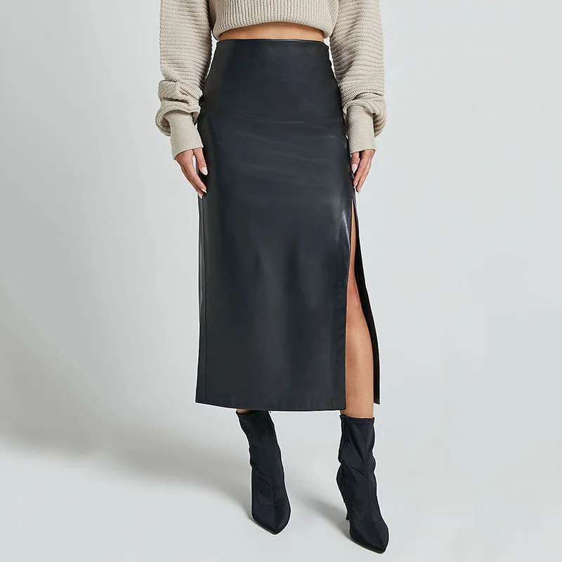 

Women's High Waist PU Leather Pencil Skirts for Women Long Split Bodycon Midi Skirts Fall Winter Elegant Office Ladies Skirt New
