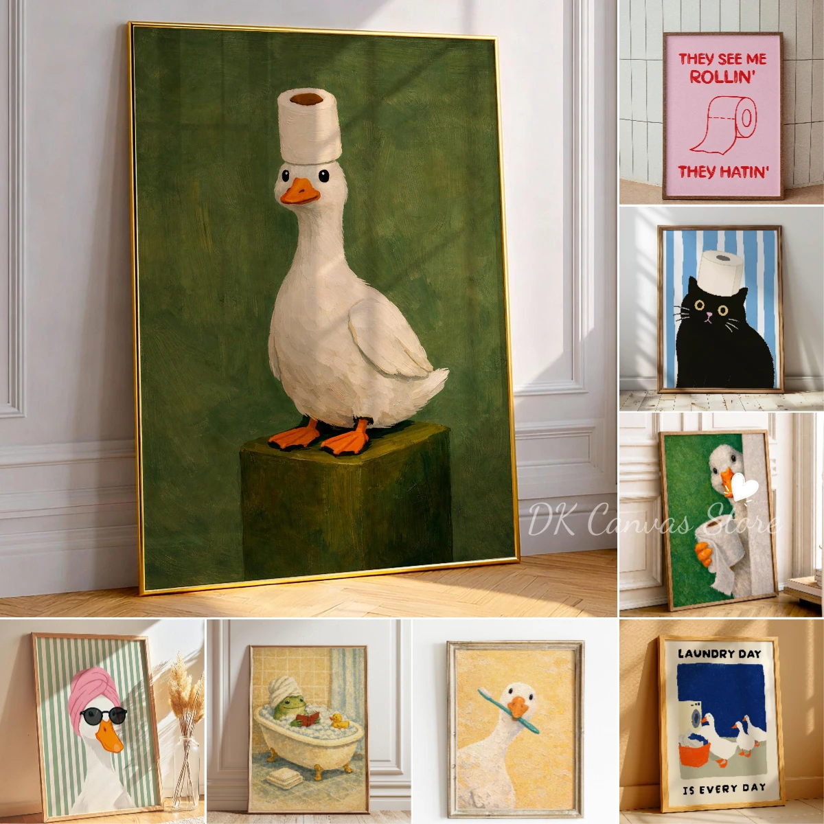 Lustiges Enten-Toilettenpapier Leinwanddruck Poster Moderne Humorvolle Tier-Kunstdrucke Waschraum Badezimmer Wandkunst Heim-Dekor Kunstposter