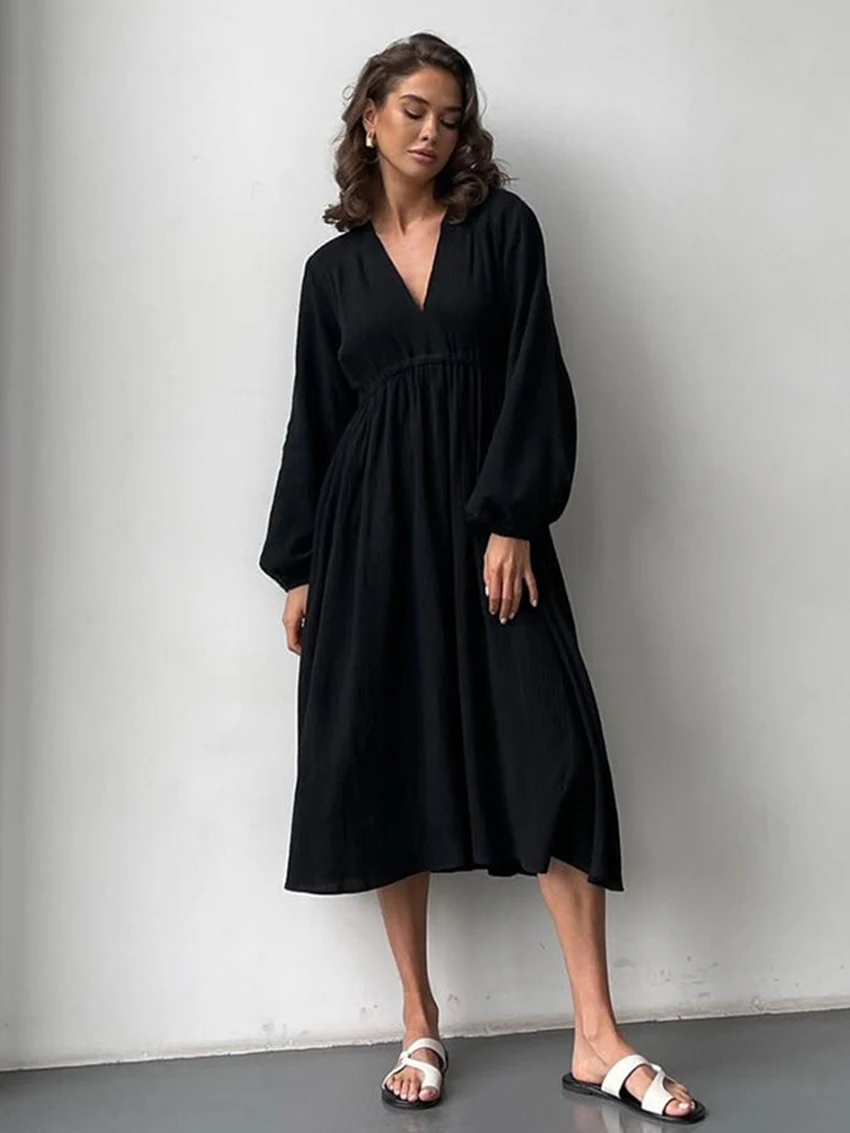 

Marthaqiqi Cotton Women'S Nightgowns Long Sleeve Sleepwear Sexy V-Neck Nightwear Mid-Calf Dress New Causal Ladies Home Clothes