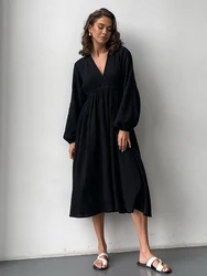 Marthaqiqi Cotton Women'S Nightgowns Long Sleeve Sleepwear Sexy V-Neck Nightwear Mid-Calf Dress New Causal Ladies Home Clothes