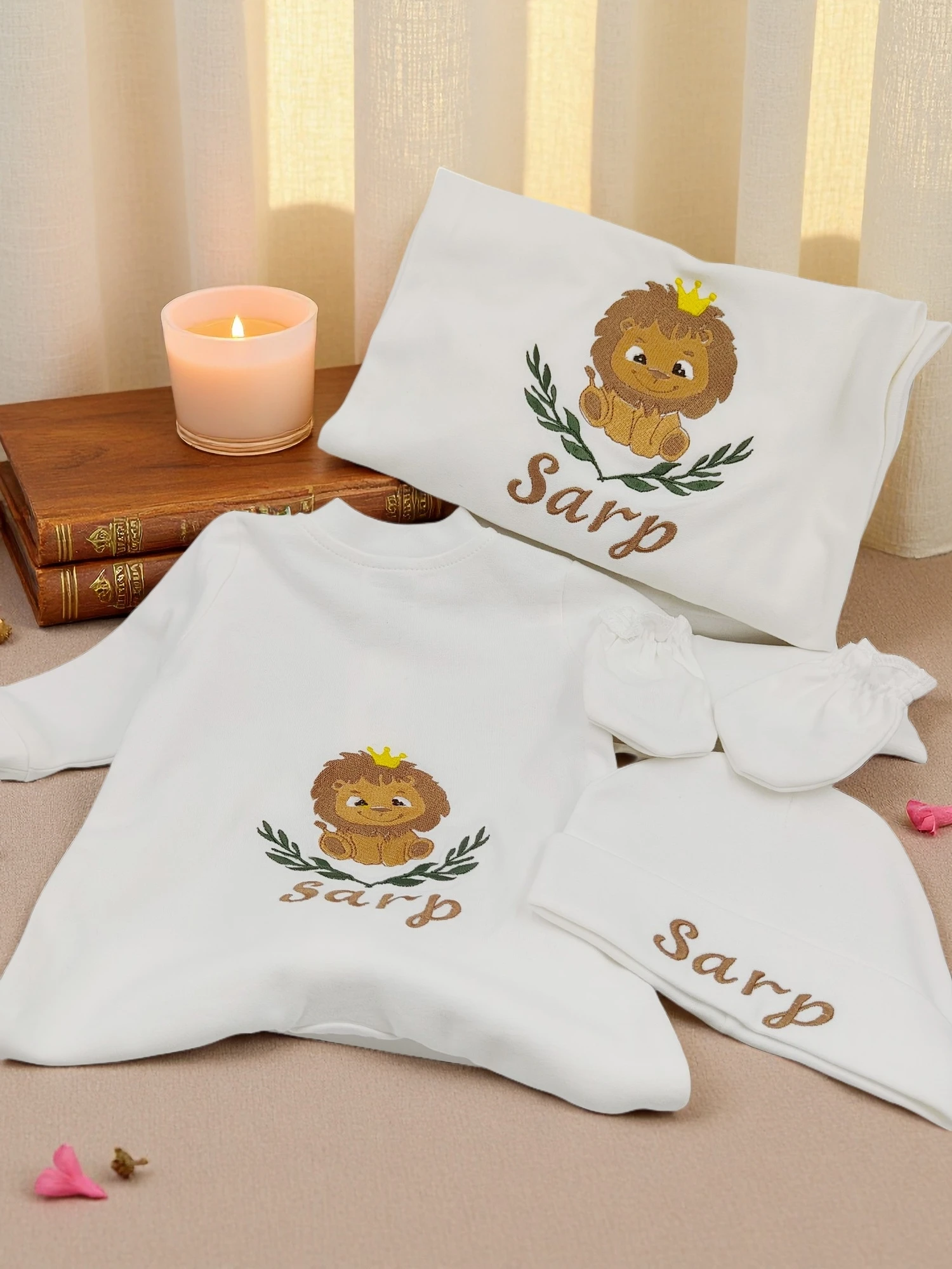4pcs Newborn Baby Outfit Set Embroidered Name Leo Royal Laurel Tree Romper Blanket Nursery Bedding Swaddle Handmade Infant Gift