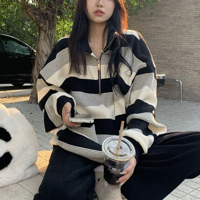 Striped Stand Collar Sweatshirts Female Clothing Korean Stylish Zipper Spring Autumn Loose Casual Contrasting Colors Pullovers