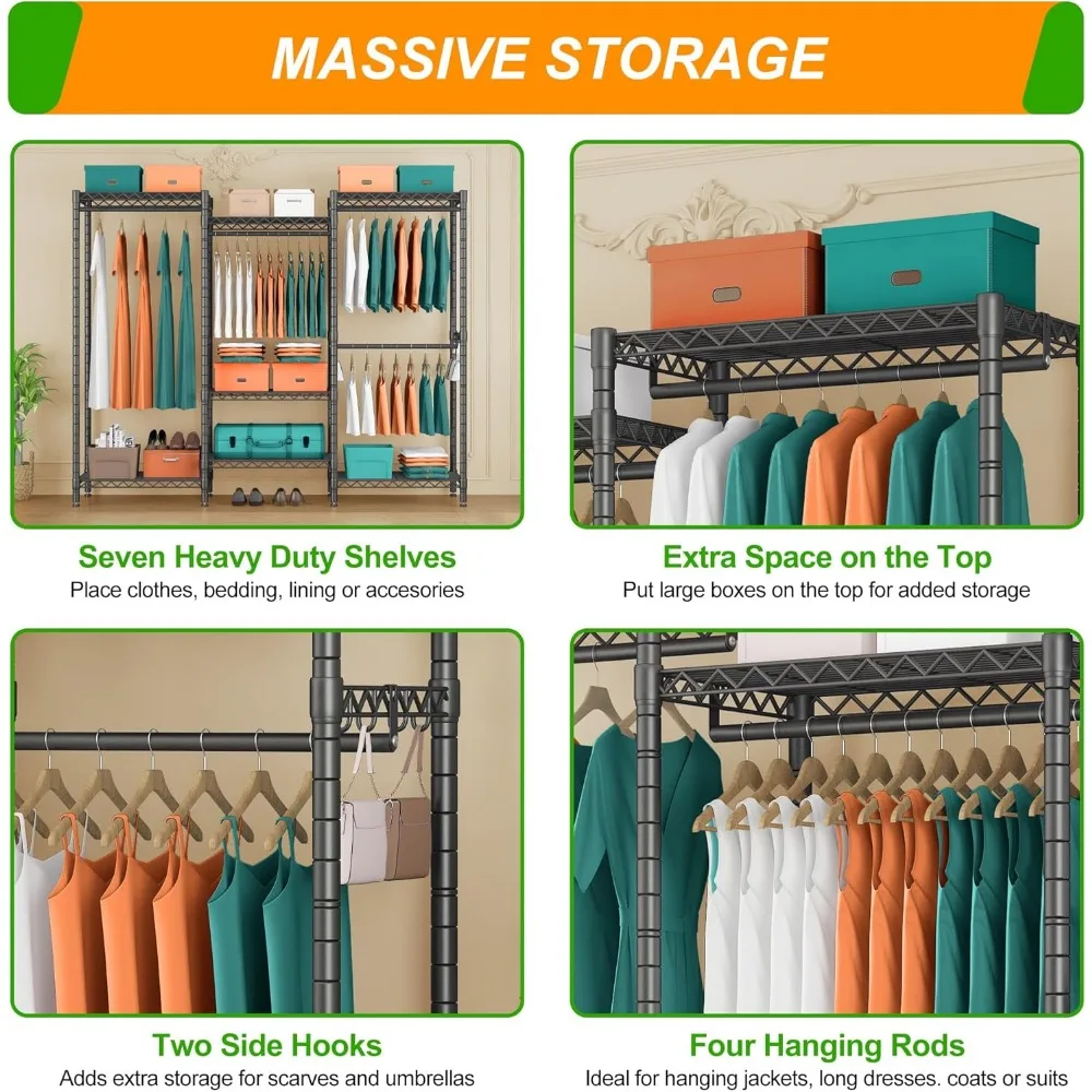 رف ملابس محمول عالي التحمل مع 4 قضبان تعليق و7 أرفف وخطافين لحلول التخزين القائم بذاته #5