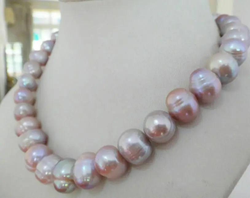 

12-14mm natural South Sea genuine pinkish purple pearl necklace 14K clasp