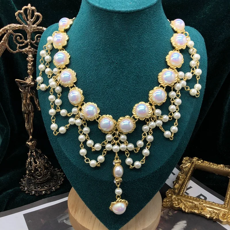 

Vintage Party Jewelry Sets for Women Luxury Middle Ages Ornament Macaic Shell Imitation Pearl Collar Chain Earring Set