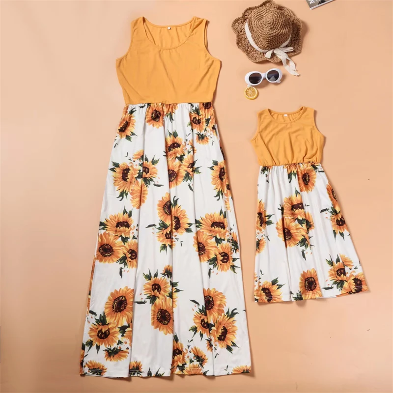 Sleeveless Mother Daughter Matching Dresses Family Set Sunflower Mommy and Me Clothes Fashion Woman Girls Long Dress Outfits