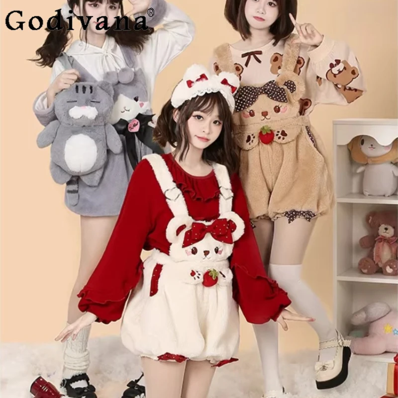 

Original Japanese Lolita Cute Plush Strap Shorts Sweatshirt Set Spring New Girls Cartoon Embroidered Bow Kawaii Clothes Daughter