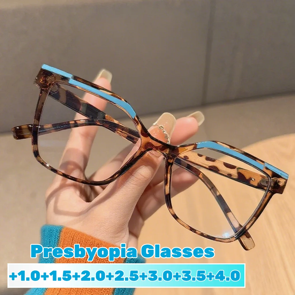 

Cat Eye Anti Blue Light Reading Glasses for Women Men Color Blocked Large Frame Presbyopia Eyewear Trendy Decorative Eyeglasses