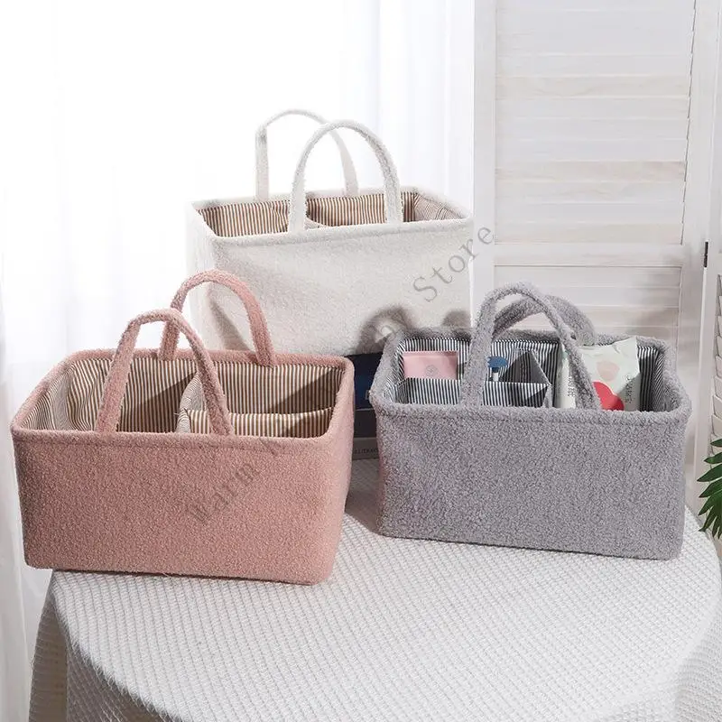 

Travel Portable Baby Diaper Bucket Short Plush Large Capacity Handheld Household Feeding Bottle Organizing Basket Nappy Bag