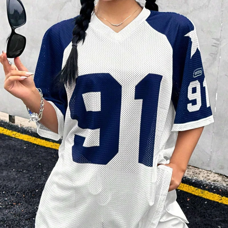 العصرية Rtro الشارع الرقمية المطبوعة شبكة جوفاء الفانيلة قصيرة الأكمام الخامس الرقبة تي شيرت راجلان المرأة فضفاضة الرياضة الساخن فتاة #3