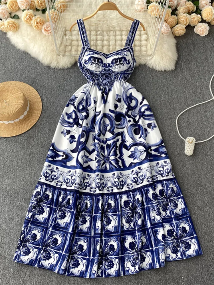 New Summer Holiday Elastic Yellow Print Long Dress Women\'s Spaghetti Strap Cup Padded Backless Blue White Porcelain Maxi Vestido