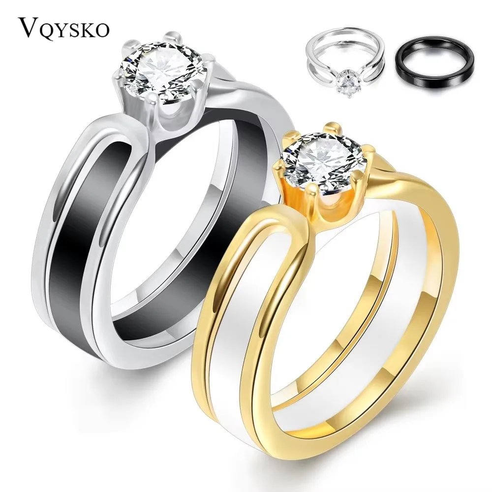 2 Stück Abnehmbare Stapelbare Paarringe 316L Edelstahl Keramik-Einlage Künstlicher Zirkon Damen Hochzeit Täglicher Schmuck