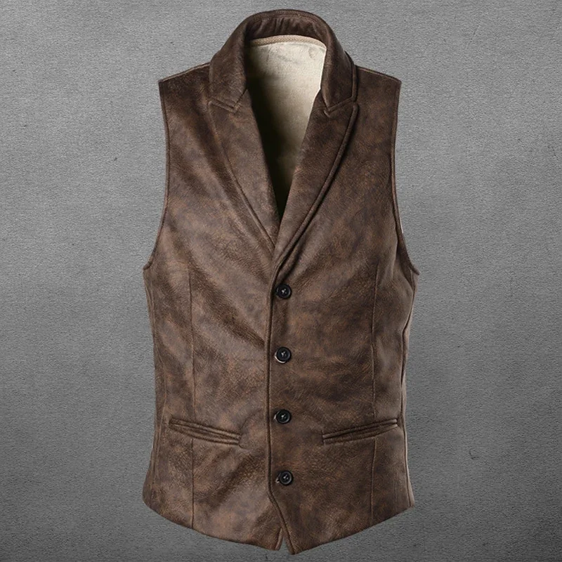 Retro Suede Vest Men Vintage Style Slim Fit Autumn Winter Mens Sleeveless Jacket V Neck Warm Waistcoat