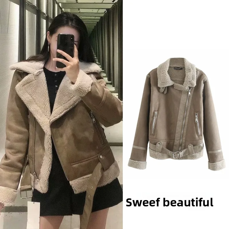 

Двусторонняя замшевая куртка из овечьей шерсти для женщин, зимнее пальто для повседневной носки, на молнии, с длинными рукавами, укороченная, прямого кроя