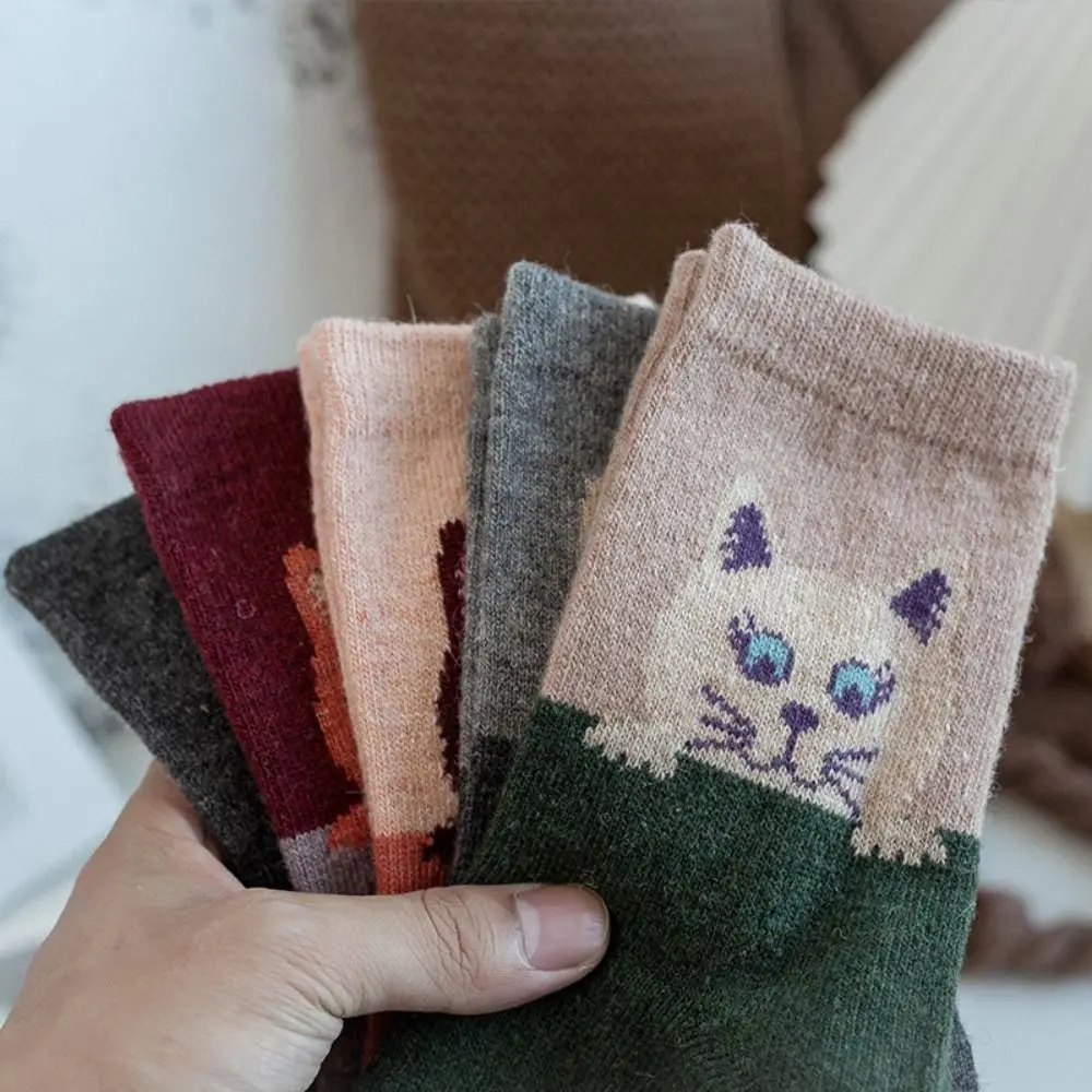 5 Pairs Cotton Cartoon Cat Socks Elastic Cuff Jacquard Animal Pattern Socks Breathable Fabric Skin-Friendly Kitten Printed Socks