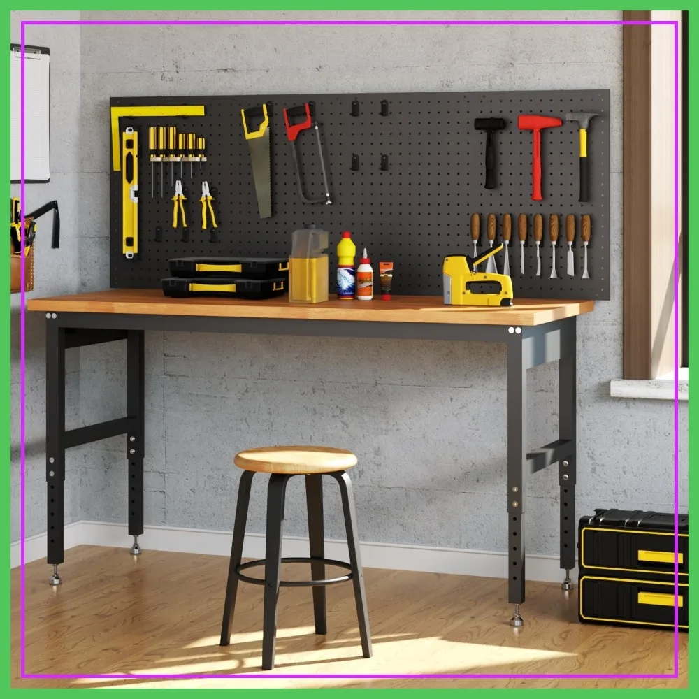

48" Adjustable Height Workbench, Max 2000 LBS Capacity Solid Wood Work Table, Heavy Duty Workstation for Garage Shop Home Office